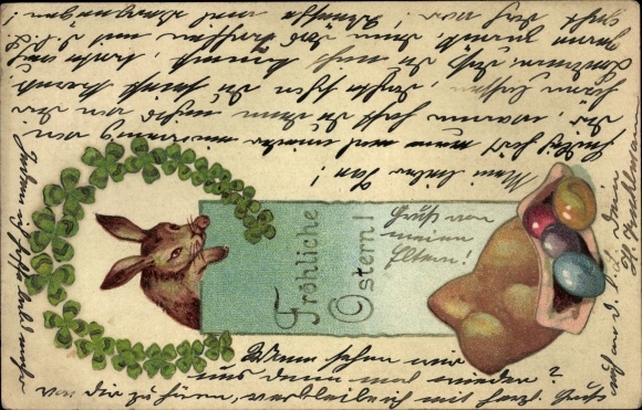Präge Litho Glückwunsch Ostern, Osterhase, Ostereier, Glücksklee