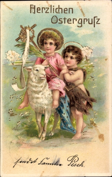 Ak Herzlichen Ostergruss, Engel auf Lamm