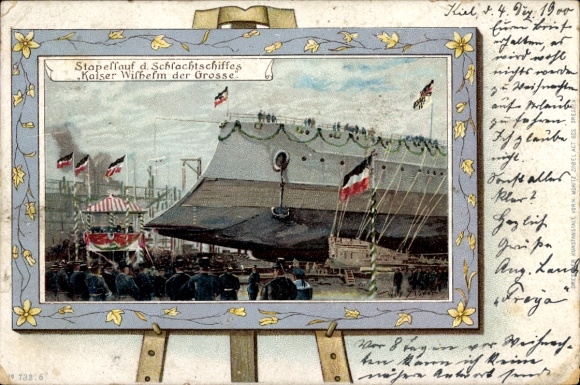 Passepartout Ak Deutsches Kriegsschiff, SMS Kaiser Wilhelm der Große, Schlachtschiff, Stapellauf