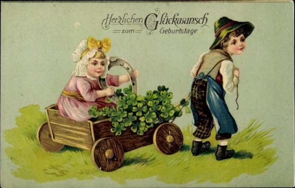 Ak Glückwunsch zum Geburtstag, Kinder mit Wagen, Kleeblätter, Hufeisen