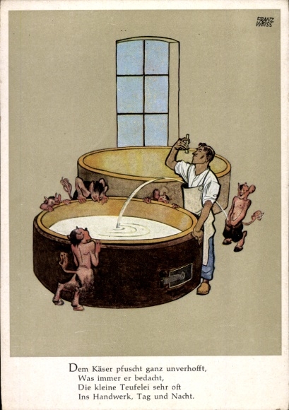 Künstler Ak Weiss, Franz, Käser, Teufel pfuscht ins Handwerk