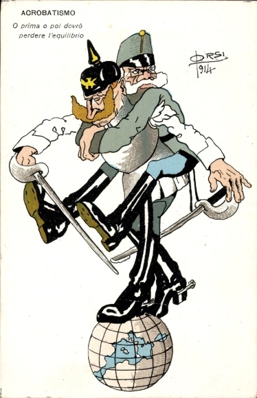 Künstler Ak Orsi, Kaiser Wilhelm II. und Kaiser Franz Josef auf dem Planeten, Karikatur