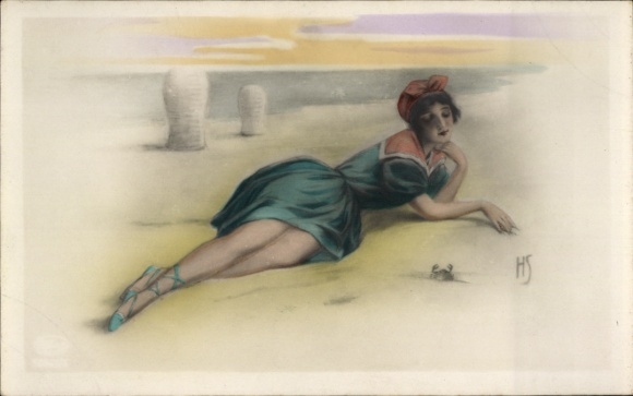 Künstler Ak Frau am Strand, Gemaltes Bild, Krebs