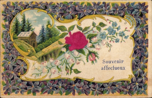 Präge Material Ak Souvenir, Blumen, Kitsch