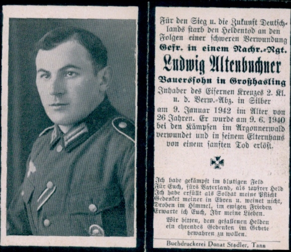Sterbebild Ludwig Altenbuchner, Großhasling, Gefr. Nachrichten-Rgt, EK 2. Kl., Verw.-Abz. Silber