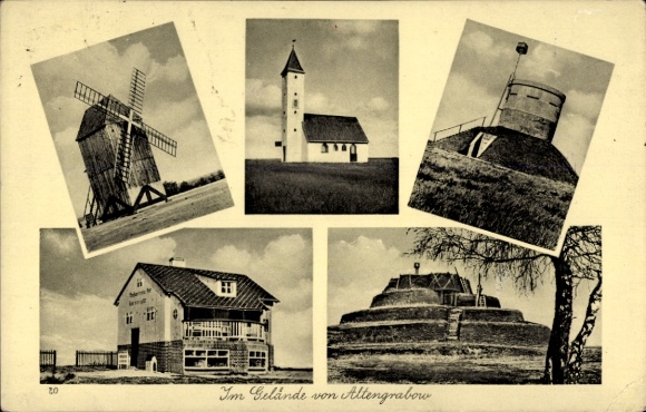 Ak Altengrabow Möckern in Sachsen Anhalt, im Gelände, Kirche, Windmühle