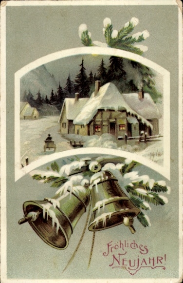Litho Glückwunsch Neujahr, Dorfidyll, Glocke