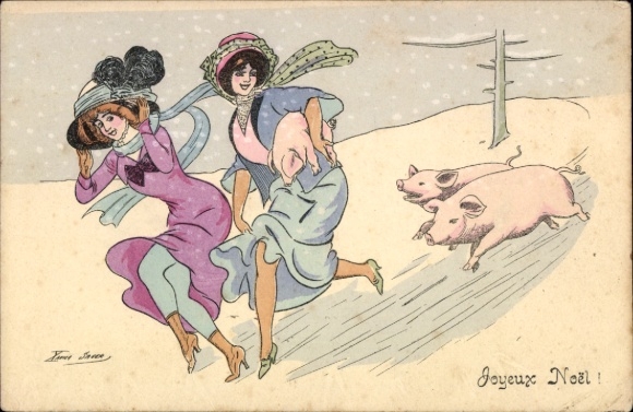Künstler Ak Sager, X., Glückwunsch Weihnachten, Frauen, Schweine