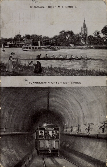 Ak Berlin Friedrichshain Stralau, Kirche, Tunnelbahn unter der Spree
