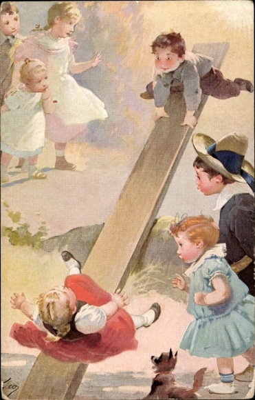 Künstler Ak Kinder beim Wippen, Hund