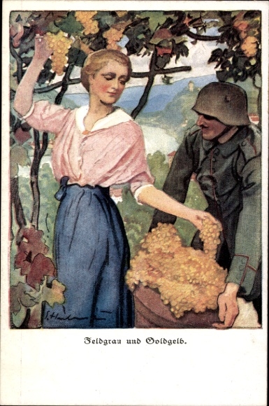 Künstler Ak Heilemann, H., Feldgrau und Goldgelb, Die Frau im Beruf, Weinrebenernte, Frau u. Soldat