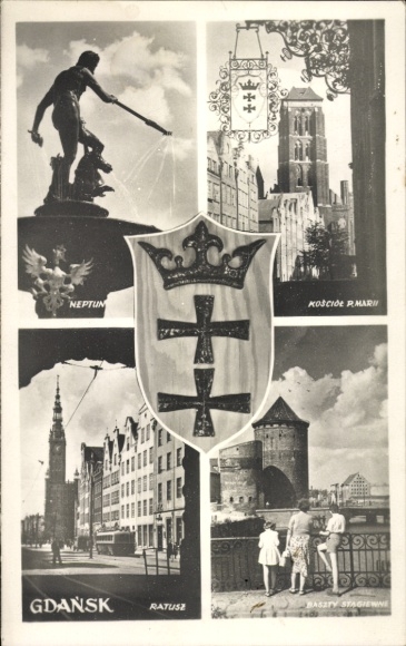 Ak Gdańsk Danzig, Neptun, Kościół P. Mari,  Ratusz, Baszty Stagwne