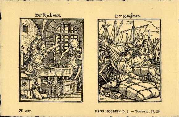 Künstler Ak Holbein, Hans d. J., Totentanz 27, 28, Rych man, Kauffman