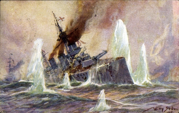 Künstler Ak Stöwer, Willy, Seegefecht Nordsee 1915, Englischer Schlachtkreuzer, deutsche Kreuzer