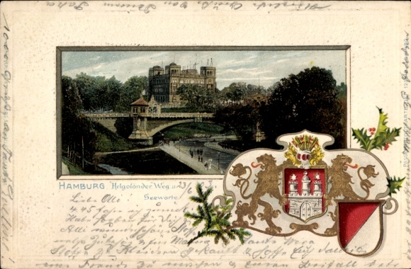 Präge Passepartout Wappen Litho Hamburg Mitte St. Pauli, Helgoländer Weg und Seewarte