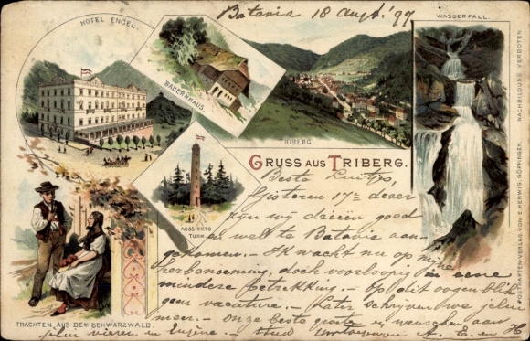 Litho Triberg im Schwarzwald, Hotel Engel, Wasserfall, Trachten, Aussichtsturm, Bauernhaus