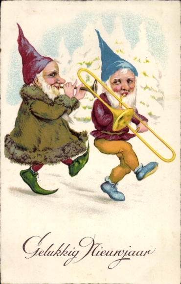 Ak Fröhliches Neujahr, Zwerge mit Musikinstrumenten, Posaune