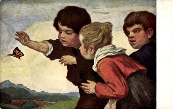 Künstler Ak von Zumbusch, Ludwig, Kinder betrachten einen Schmetterling