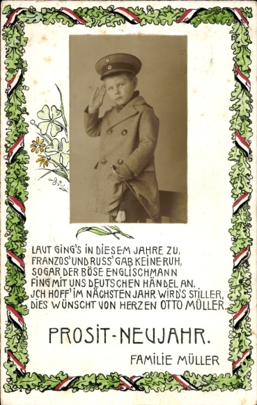 Ak Fröhliches Neujahr, Franzos' und Russ' gab keine Ruh, Otto Müller, Junge in Uniform salutiert