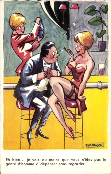 Künstler Ak Marquo, Rauchende Prostituierte, Mann starrt auf Busen