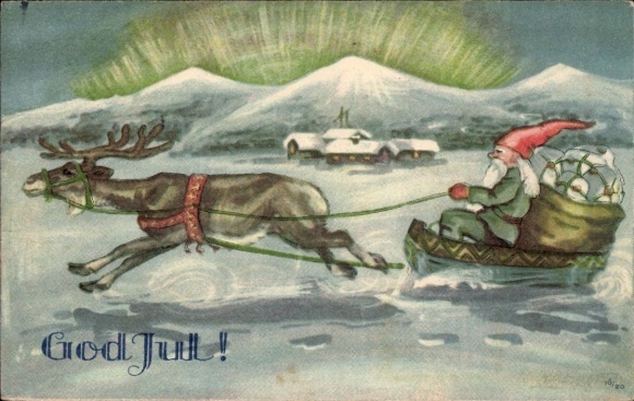 Ak Glückwunsch Weihnachten, Schlitten, Zwerg, Rentier