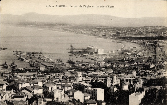 Ak Algier Alger Algerien, Panorama, Hafen von Agha, Bucht