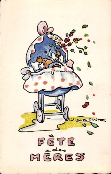 Künstler Ak Muttertag, Kleinkind in einem Stubenwagen, Blumen