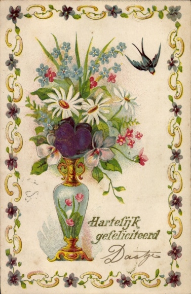 Präge Material Ak Glückwunsch, Blumenvase, Schwalbe