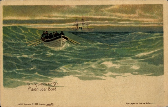 Halt gegen das Licht Litho Rettungswesen zur See, Mann über Bord