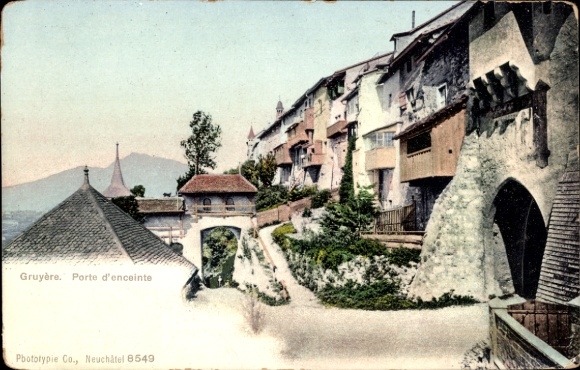 Ak Broc Gruyère Kanton Freiburg,  Porte d'enceinte, farbige , Landschaft, Gebäude