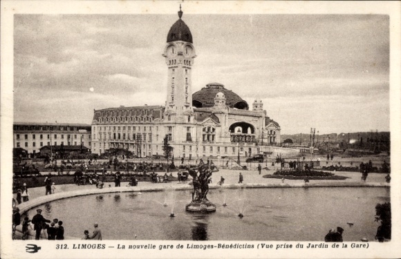 Ak Limoges Haute Vienne, Bahnhof Limoges-Bénédictins, Brunnen, Gartenansicht,  Architektur