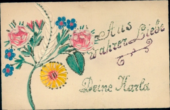 Glitzer Ak Blumen, Aus wahrer Liebe