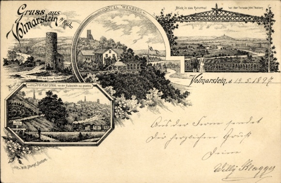 Vorläufer Litho Volmarstein Wetter an der Ruhr, Hotel Wehberg, Ruine Volmarstein, Ruhrtal