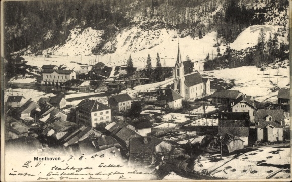 Ak Montbovon Kanton Freiburg,  Kirche, Häuser, Schnee, 7.1.06