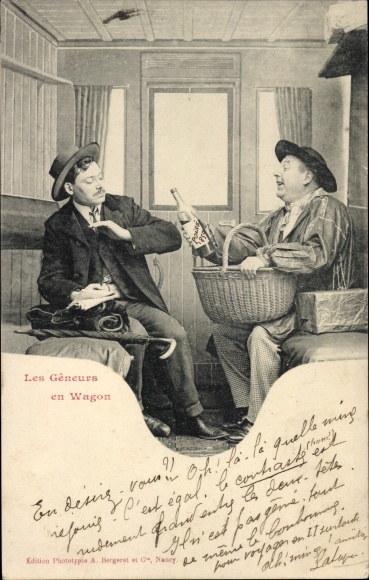 Ak Editions Bergeret, Les Geneurs en Wagon, Reisende im Zugabteil, Mann bietet Wein an