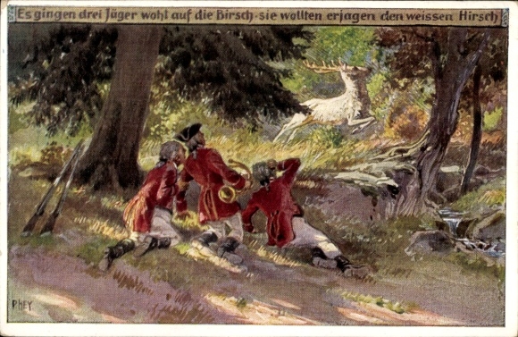 Lied Künstler Ak Hey, Paul, Es gingen drei Jäger wohl auf die Pirsch, Weißer Hirsch, Nr. 25