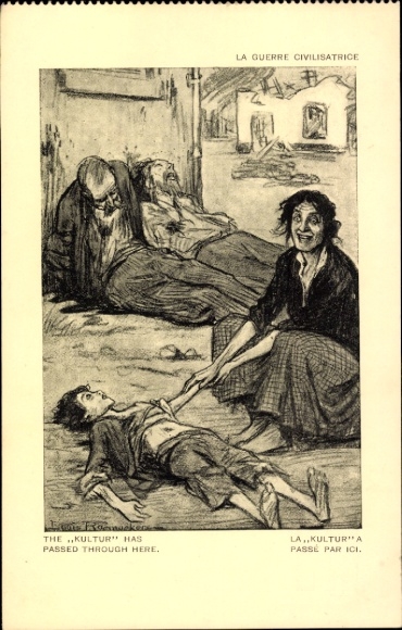 Künstler Ak The Kultur has passed through here, Kriegsopfer, Verrückte Mutter, Croix Rouge Francaise
