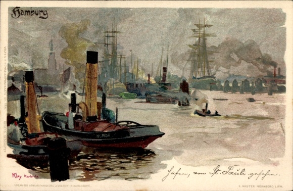 Künstler Litho Kley, Heinrich, Hamburg, im Hafen, Dampfer Humor