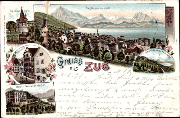 Litho Zug Stadt Schweiz, Kapuzinerturm, Hotel und Pension Schönfels, Rathaus