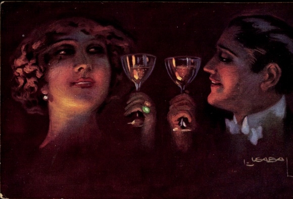 Künstler Ak Usabal, Frau und Mann mit Sektgläsern