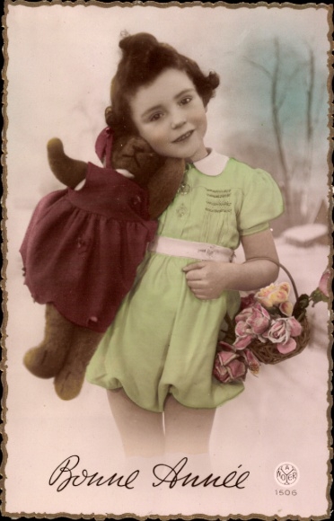 Ak Glückwunsch Neujahr, Kind mit Teddy