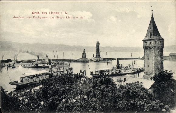 Ak Lindau am Bodensee Schwaben, Hafenansicht, Schiffe, Leuchtturm, Hotel Lindauer Hof