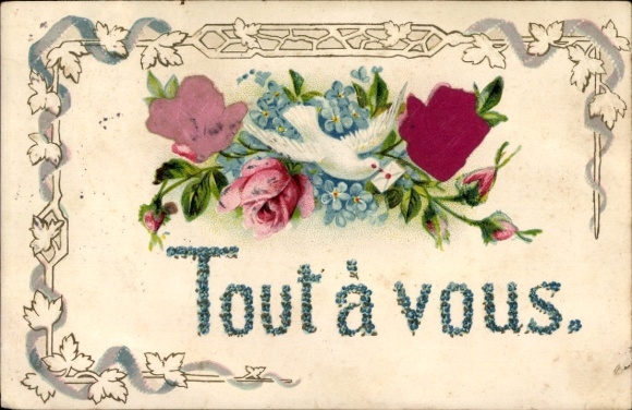 Präge Material Ak Taube, Blumen, Kitsch