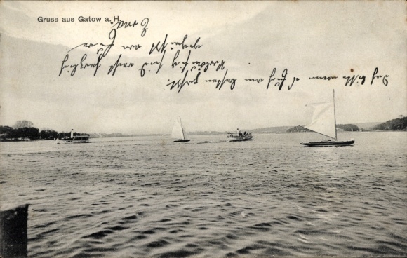 Ak Berlin Spandau Gatow, Segelboote auf Wasser, Gruss aus Gatow a. H., handschriftlicher Text