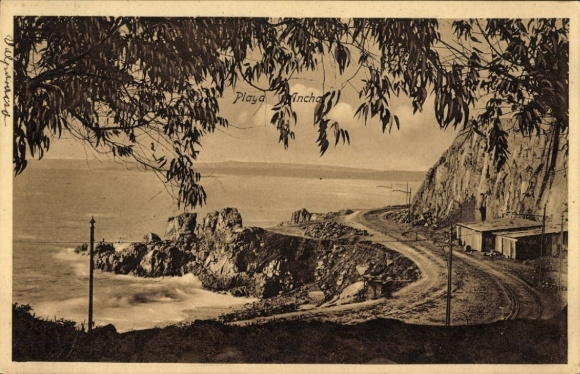 Ak Valparaíso Chile, Küstenlandschaft, Felsen, Straße, Meer, Valparaiso