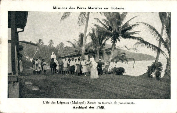 Ak Makogai Fidschi, Missions des Pères Maristes, Soeurs, Kindergruppe, Palmen