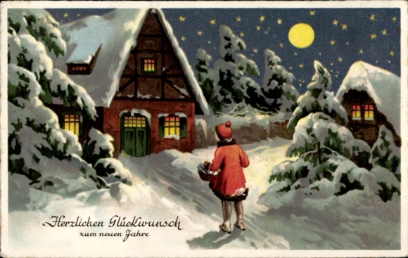 Ak Herzlichen Glückwunsch zum neuen Jahre, verschneiter Ort bei Nacht, Mädchen
