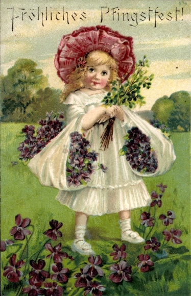 Präge Ak Glückwunsch Pfingsten, Mädchen, Blumen