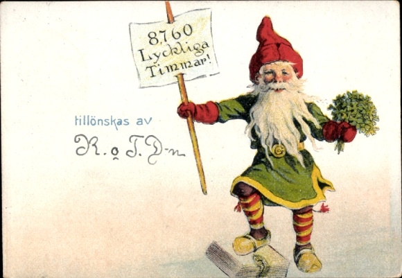 Künstler Ak Nyström, Jenny, Fröhliches Neujahr, Zwerg wünscht 8760 glückliche Stunden, Klee