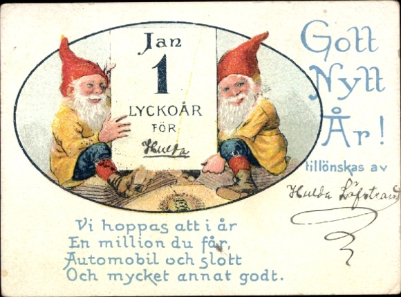 Künstler Ak Nyström, Jenny, Fröhliches Neujahr, zwei Zwerge, Kalenderblatt 1. Januar, Gedicht